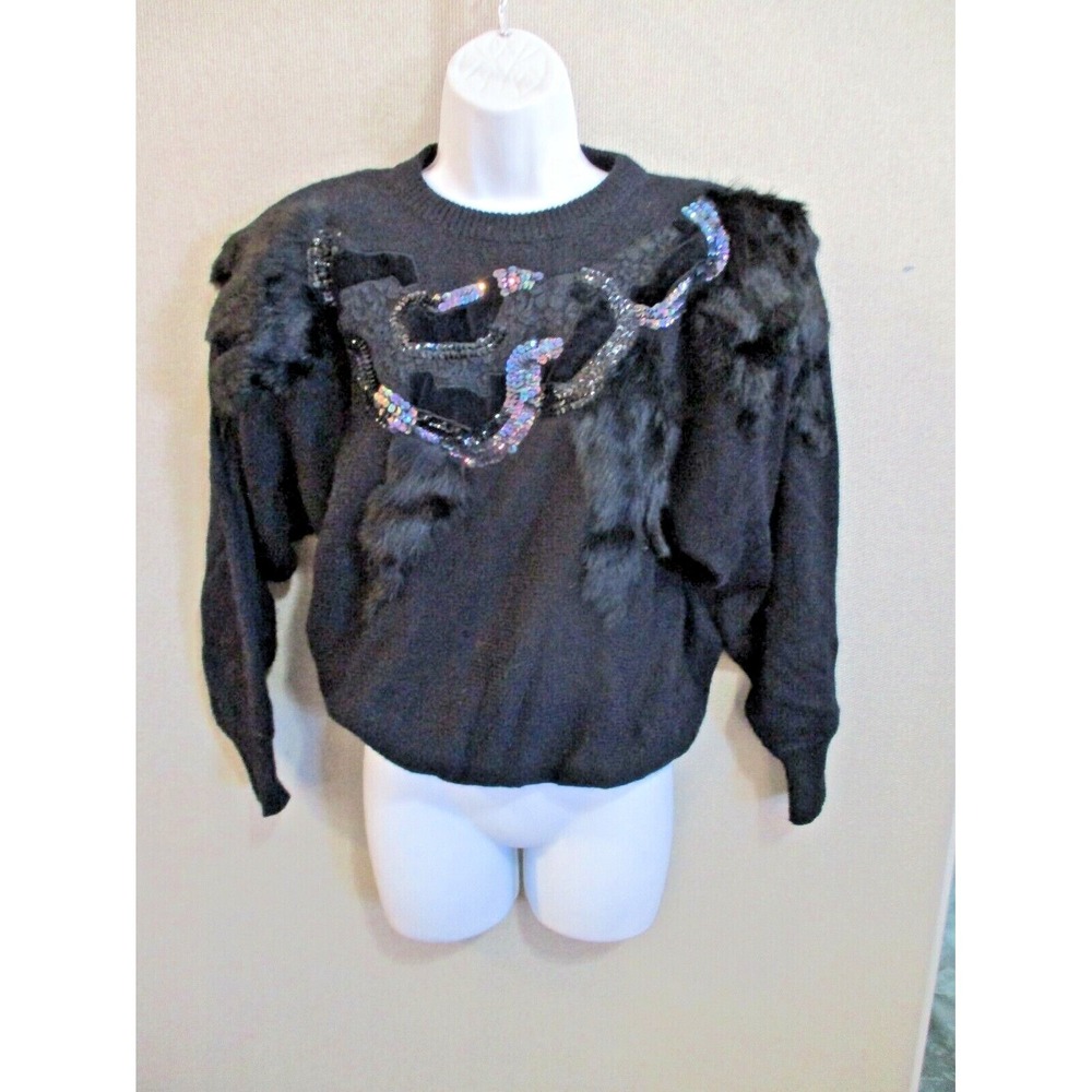 VTG Angenie Statement Sweater Size Small Rabbit Fir Sequins & Lace Embellished